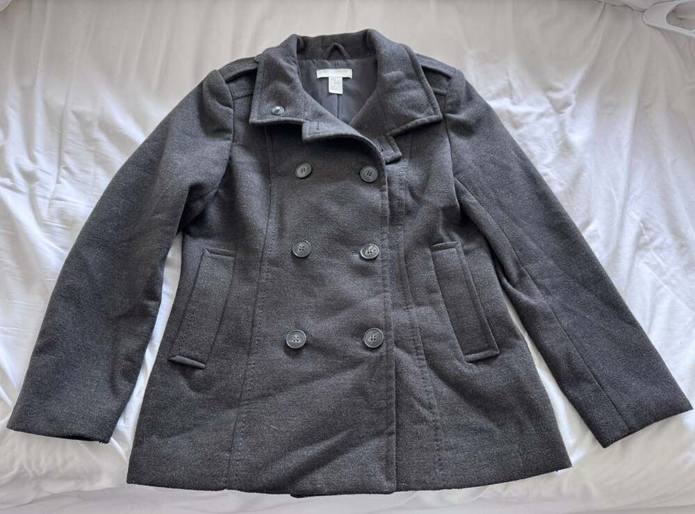 H&M Classic Charcoal Gray Double-Breasted Wool Blend Peacoat